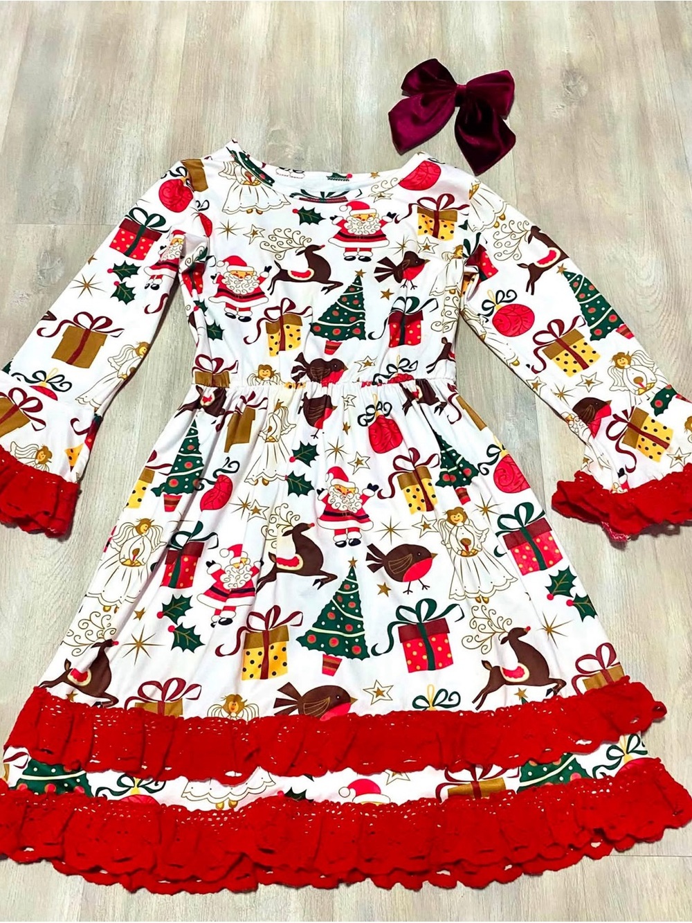 Holiday Santa & Tree Kids Dress with Red Ruffle Trim